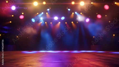 Stage Spotlight with Blurred Background and Lights. 3D Rendering