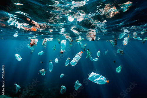 Plastic bottles, cellophane, garbage floating in water of the sea . Ecology and pollution of the world's oceans