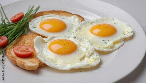 Breakfast. fried eggs from three eggs are sprinkled with grass on a light plate