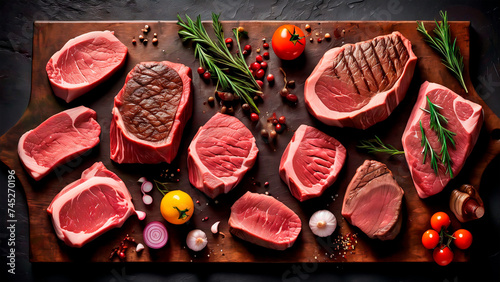 Sumptuous Symphony: A Captivating Culinary Canvas of Prime Beef Steaks and Luscious Raw Cuts on a Rustic, Dark Table