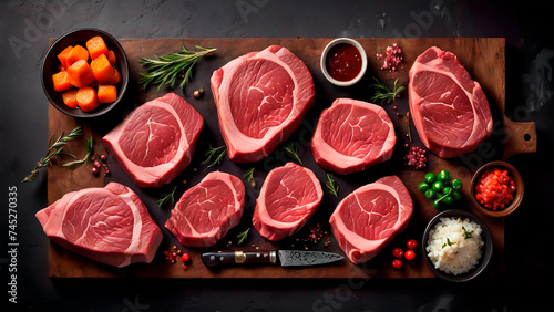 Sumptuous Symphony: A Captivating Culinary Canvas of Prime Beef Steaks and Luscious Raw Cuts on a Rustic, Dark Table