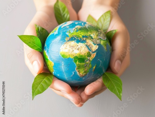 A conceptual image of hands holding a globe with green leaves symbolizing care and protection for the environment