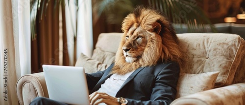 A commanding lion in a designer suit overseeing projects on a laptop in a luxurious corner office photo