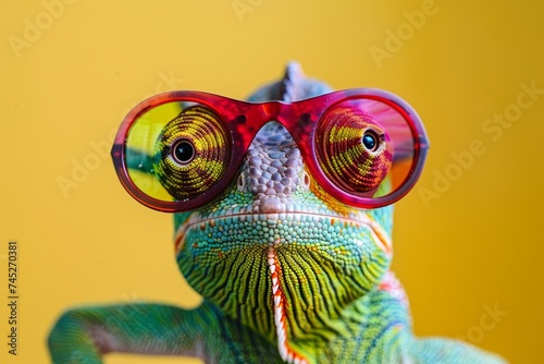 A cool chameleon sporting vibrant eyeglasses