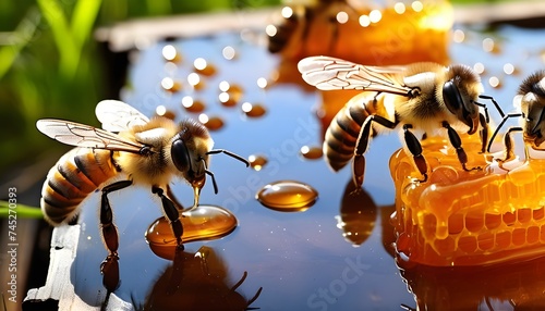 Three bees on honeycombs eat fresh honey collected in spring in fresh wax © Natalia