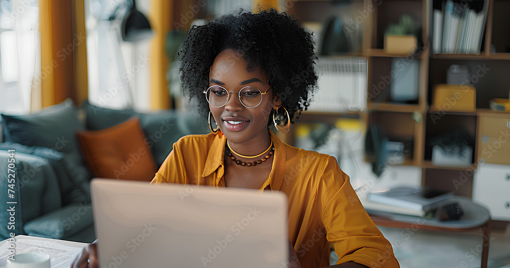 Black woman, typing in home office and laptop for research in remote work, social media or blog in apartment. Freelance girl at desk with computer writing email, website post and online chat in house 
