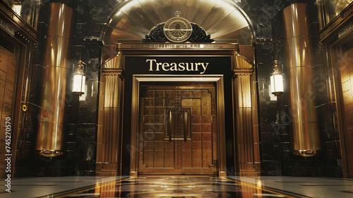Opulent Treasury Entrance with Golden Accents and Marble Columns