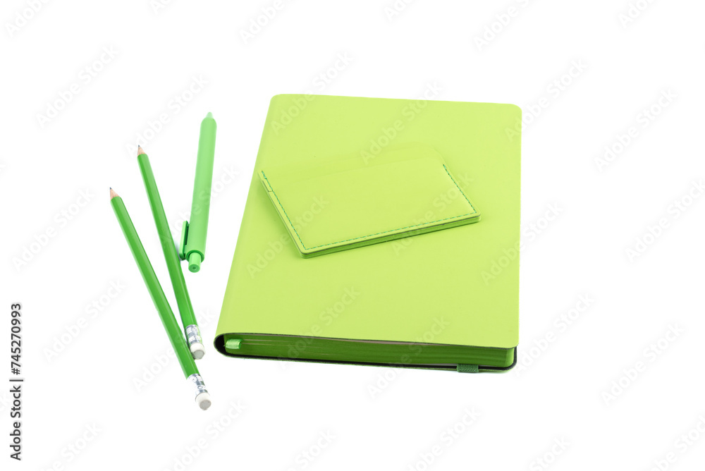 Stationery organizer, pen with pencils and cardholder on a white background. Stationery organizer, pen with pencils and cardholder on a white background.