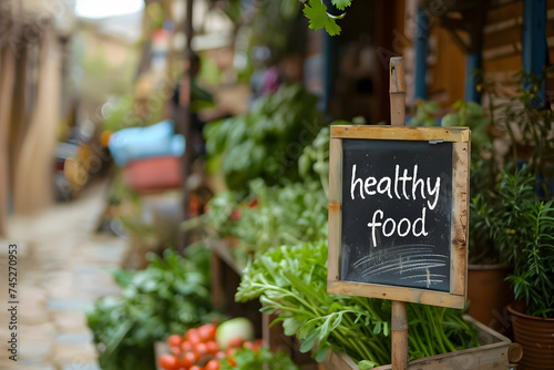 Healthy food chalkboard sign in a market.