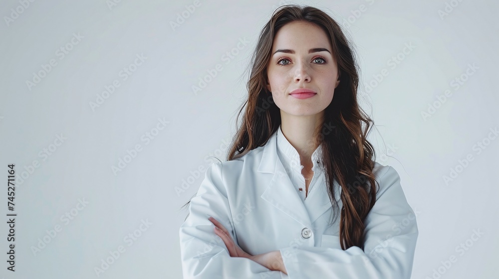 portrait of a female doctor in white coat on white background with copy space portrait of a female doctor in white coat on white background with copy space