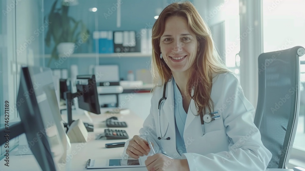 female practitioner working at office desk and smiling at camera, office interior on background