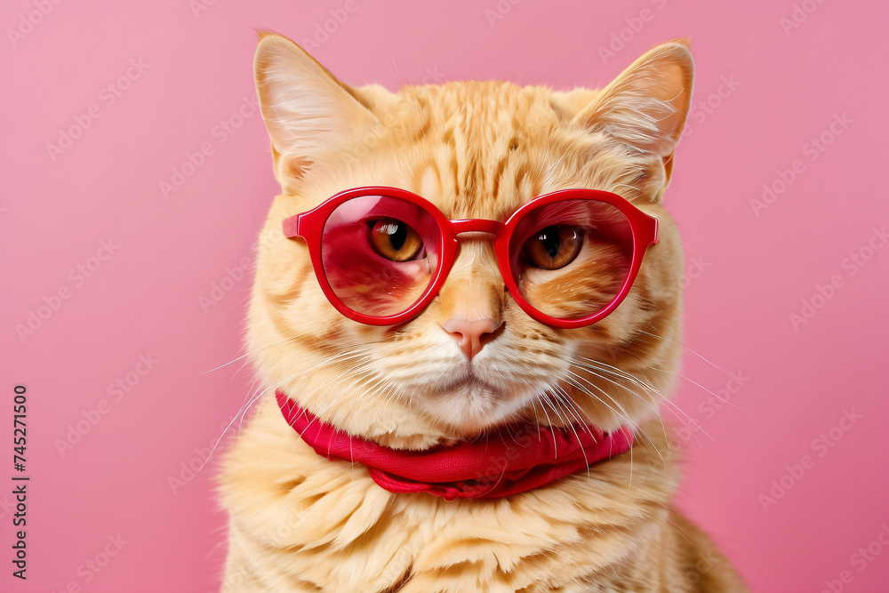 A cat wearing red glasses and a red bandana. The cat is sitting on a pink background
