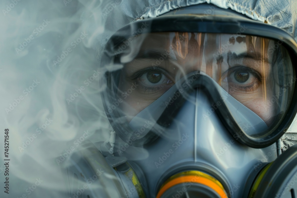 Close up of a toxicologist wearing a gas mask eyes visible with thick gray toxic smoke around