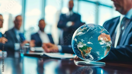 Business meeting with a digital globe in the foreground held by a businessman global strategy theme
