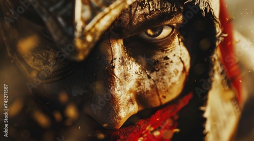 Closeup assassin face in revenge emotional for assassinate war, light crimson and gold oriented mycenaean photo