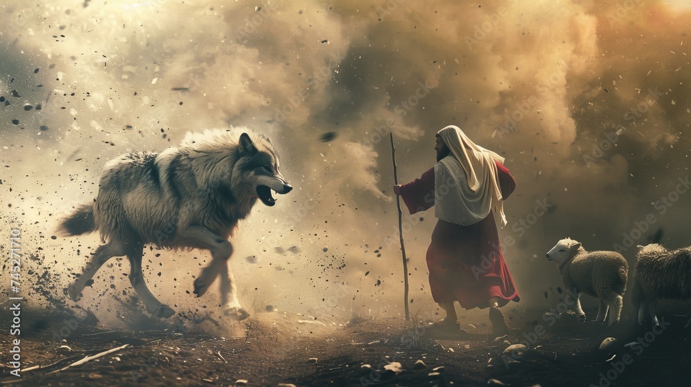 Dramatic scene of a wolf roaring at a little sheep Jesus running to intervene with a stick clear intense backdrop - obrazy, fototapety, plakaty 