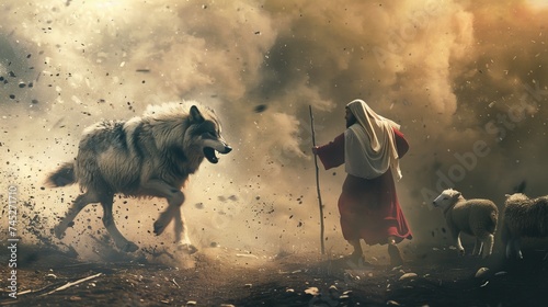 Dramatic scene of a wolf roaring at a little sheep Jesus running to intervene with a stick clear intense backdrop photo