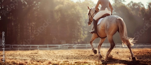 Horseback riding sport event showcasing the elegance and athleticism of horse and rider photo