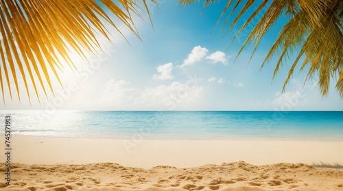 Sunny sandy beach stretches along peaceful turquoise sea under clear blue skies with palm leaves 