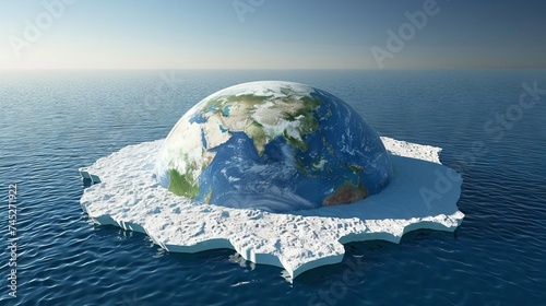 Icebergs being strategically placed around a sweltering Earth symbolizing active climate cooling photo