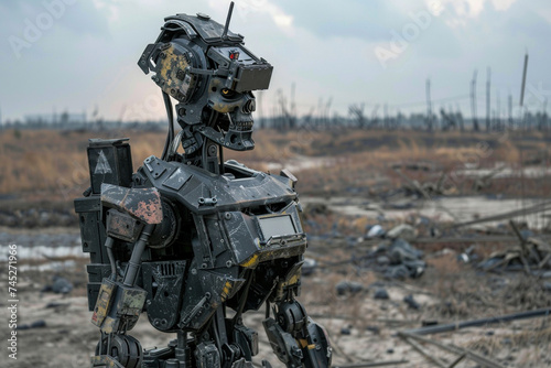 Against the backdrop of a scorched earth, a combat humanoid robot stands guard in the conflict zone, its weapons systems fully operational as it maintains vigilance against any pot