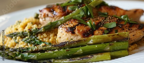 A white plate is displayed, featuring succulent chicken and grilled asparagus. The dish is a perfect blend of flavors and textures, making it a satisfying meal choice. photo