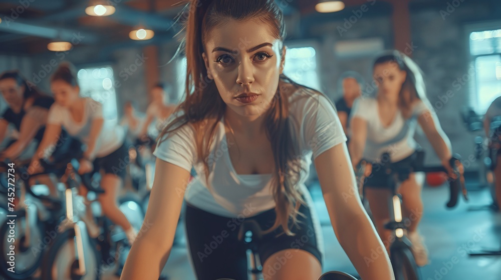 indoor biking for fitness a communal workout experience with a group of young athletic individuals at the gym - obrazy, fototapety, plakaty 