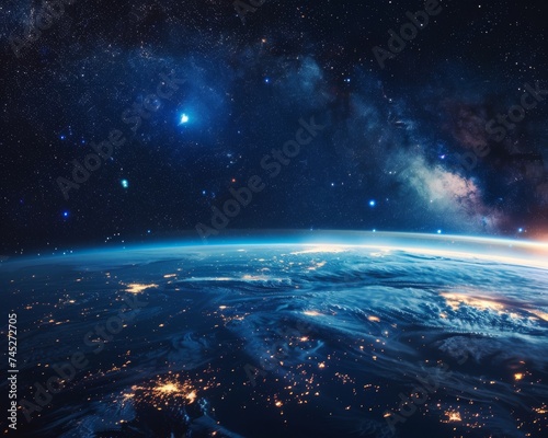 Space view of Earth highlighting blue oceans white clouds and glowing ozone galaxy in the background