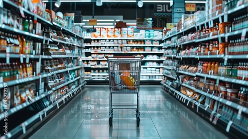 Supermarket aisle emphasizing the consumerism aspect of shopping with sharp clean lines photo