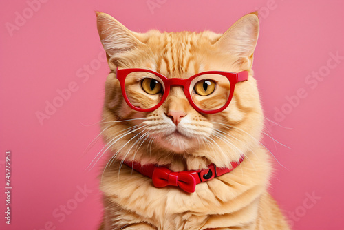 A cat wearing red glasses and a red bandana. The cat is sitting on a pink background