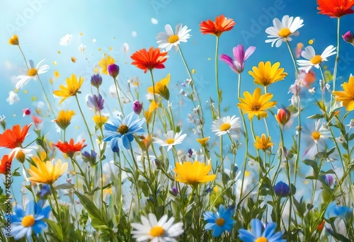 Spring abstract background of fresh colorful meadow flowers in the air. On clear blue sky, plant nature concept. Flower explosion-