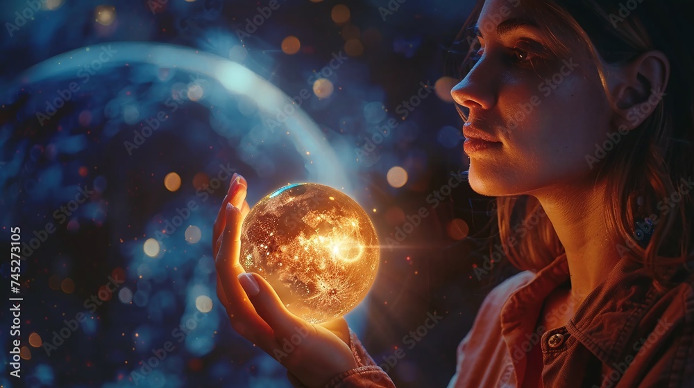 Naklejka premium an astrologer's fantasy as a woman grasps a planet in space with a nebula constellation background