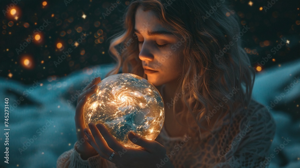 Naklejka premium the art of astrology captured with a woman and a planet surrounded by the mystic beauty of the cosmos