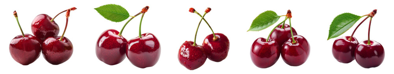 Cherry set PNG. Set of cherries PNG. Red cherry with stem PNG. Red cherries PNG. Wild red cherry isolated. Cherry with a steam and a leaf PNG