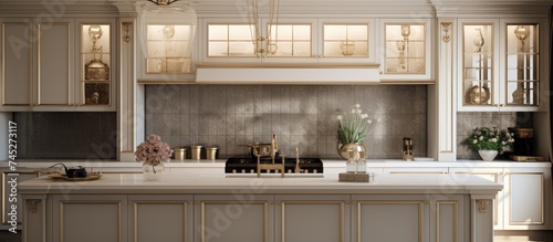 Kitchen design with luxury style cupboards. gold colored hardware