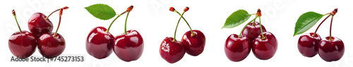Cherry set PNG. Set of cherries PNG. Red cherry with stem PNG. Red cherries PNG. Wild red cherry isolated. Cherry with a steam and a leaf PNG photo