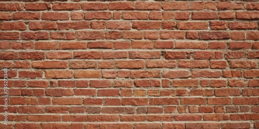 Fototapeta premium Old red brick wall background, wide panorama of masonry