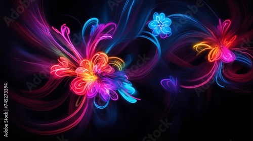 Vivid abstract neon blooms energetically swirl against a dark backdrop 