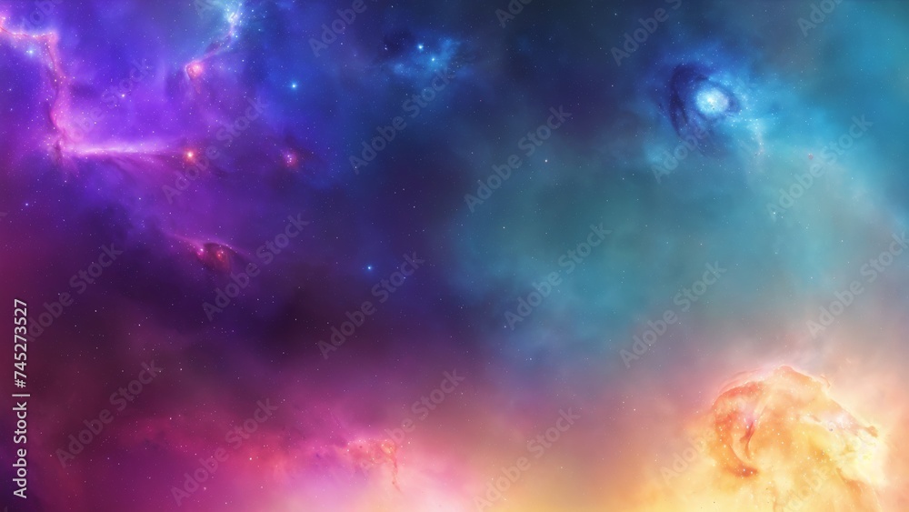 Vivid cosmic nebula painting showing swirling blues purples and oranges