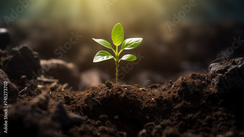 Young Plant Sprouting from Soil with Sunlight Beaming Down, Symbolizing New Life and Growth