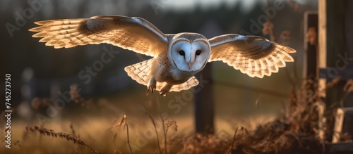 Barn owl looking for prey forest background