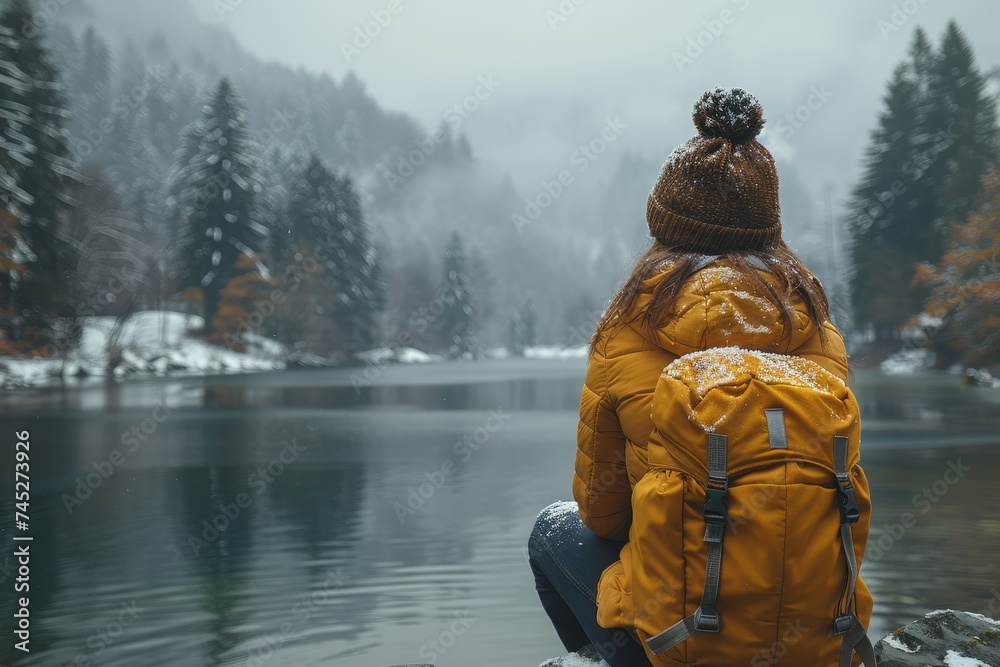 A woman in a yellow jacket sits pensively by a calm lake, with snow-covered mountains and winter forest in the background A woman in a yellow jacket sits pensively by a calm lake, with snow-covered mountains and winter forest in the background