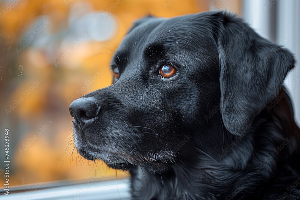 A contemplative black dog sits by a window, pondering as it gazes outside, invoking a sense of thoughtfulness A contemplative black dog sits by a window, pondering as it gazes outside, invoking a sense of thoughtfulness