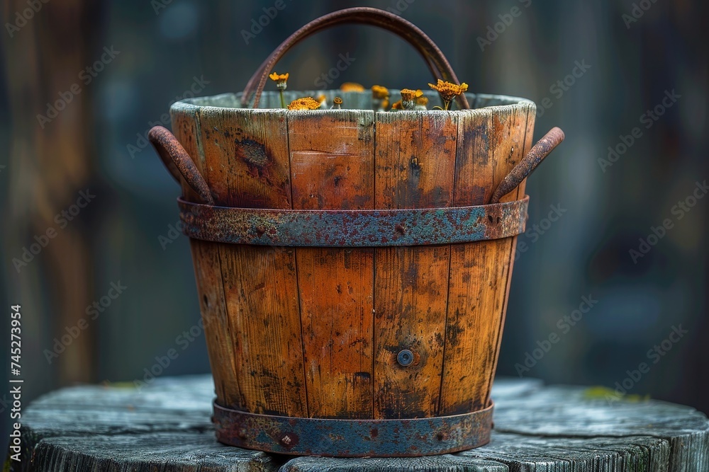An aged wooden bucket filled with dried flowers located on a wooden stump, illustrating rustic charm An aged wooden bucket filled with dried flowers located on a wooden stump, illustrating rustic charm