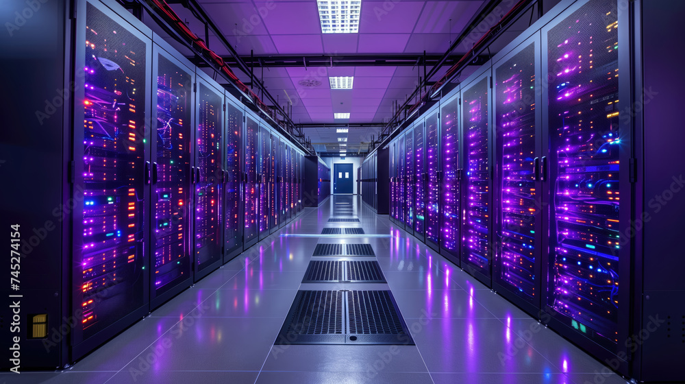 Fantastic view of the mainframe in the rows of the data center. Data processing center. The concept of modern technologies, network devices.