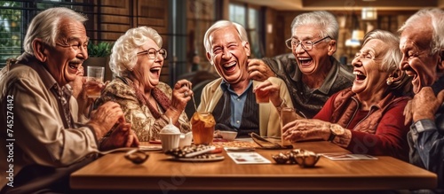 Elderly people laugh happily playing cards together in a nursing home