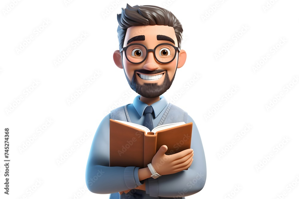 Avatar of a teacher with a book in his hands in 3D style.Adorable 3D Cartoon Teacher Avatar Avatar of a teacher with a book in his hands in 3D style.Adorable 3D Cartoon Teacher Avatar