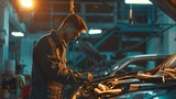 car mechanic expertly inspects vehicle engine at a high standard clean service station workshop