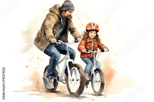 Happy father's day in watercolor style. Father and daughter on a bicycle ride. Father's day card