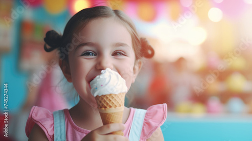 Cheerful little girl enjoying vibrant rainbow ice cream cone on sunny day